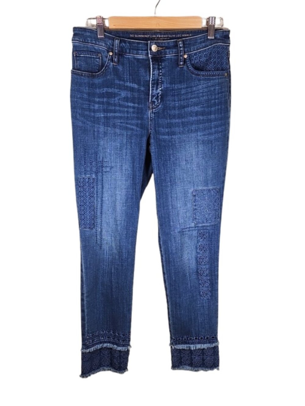 Chico's So Slimming Girlfriend Slim Ankle Jeans  Sz 6 Dark Wash Lace Fringe Boho